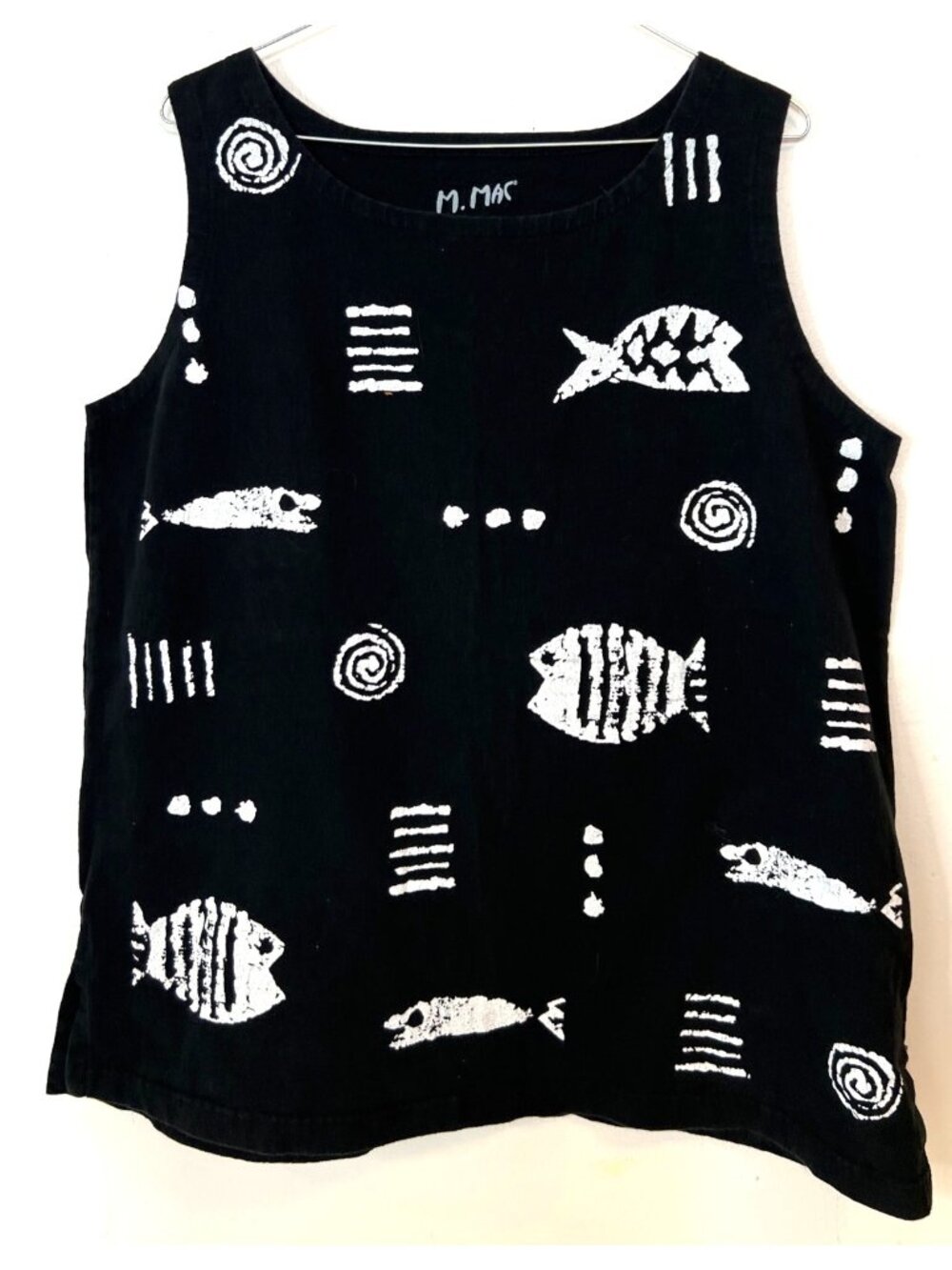 M. Mac Rock Fish Tank Top Womens L Black White Hand Printed Cotton Knit
